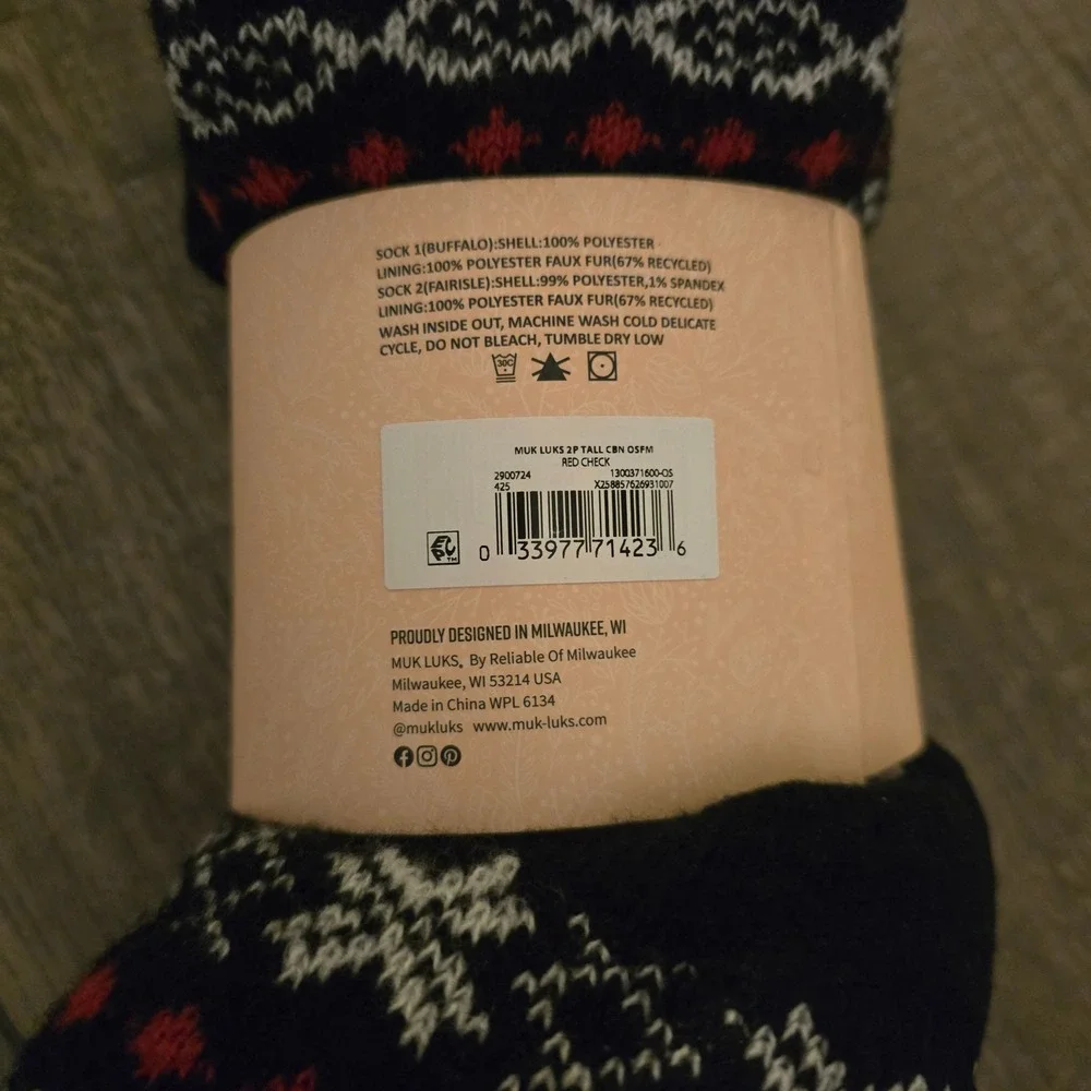 Muk Luks Women 2 Pack Tall Cabin Socks Buffalo Plaid Fair Isle Faux Fur Lined OS